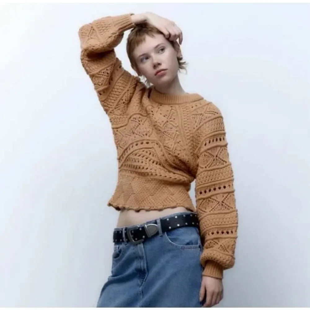 ZARA Wool Brown Chunky Crochet 3D Open Knit Balloon Sleeve Pullover Sweater sz S
